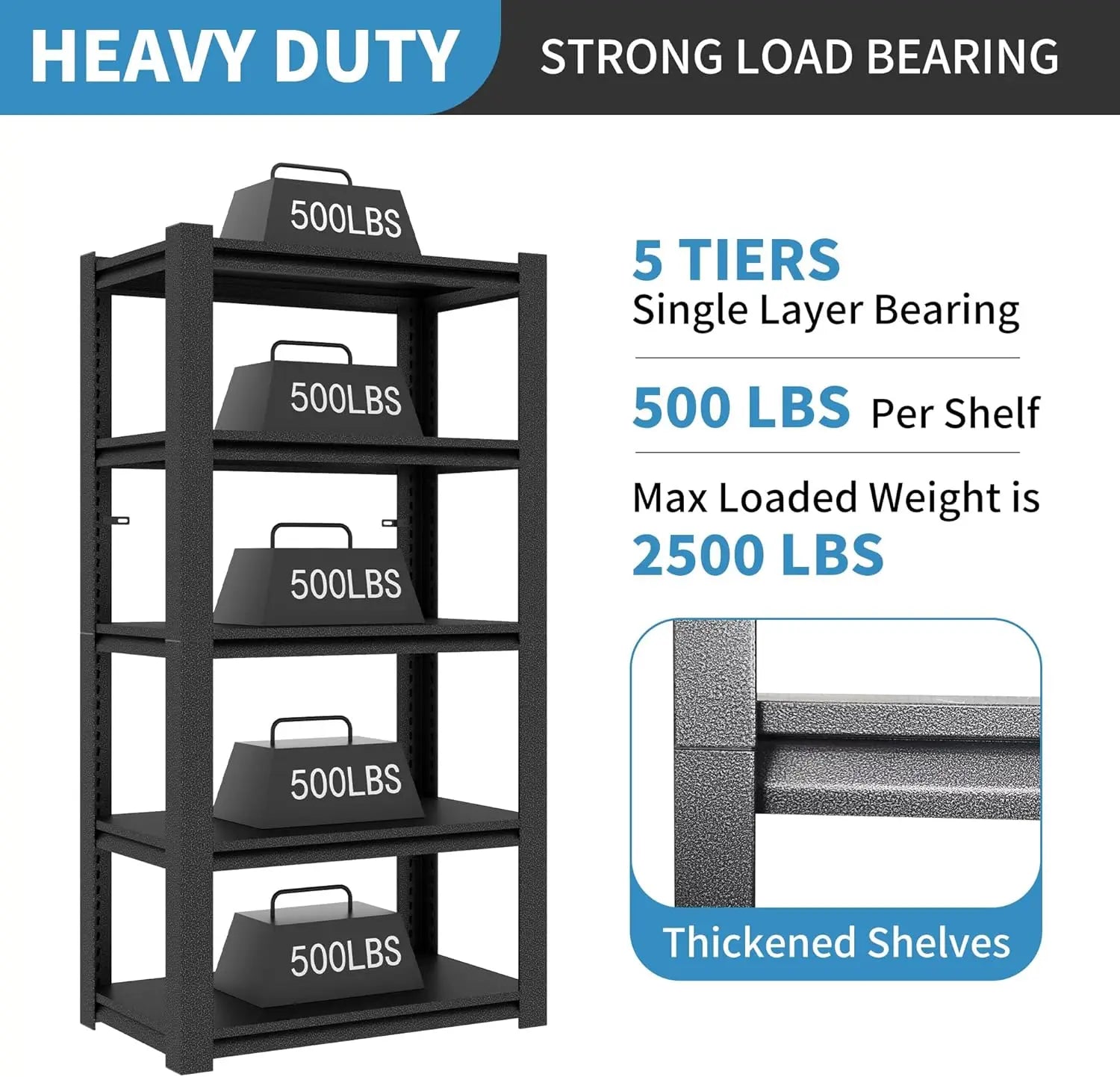 72" H Metal Storage Shelving 2500LBS Heavy Duty Shelves Unit Adjustable 5 Tier Storage Rack Industrial Utility Shelf for Garage