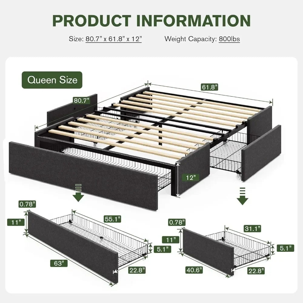 Queen Bed Frame with Storage, 3 Large Drawers on Wheels, Fabric Upholstered Platform Bed, No Box Spring Needed