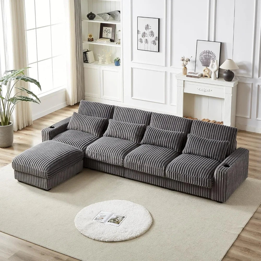 128'' L Shaped Modular Sectional Sofa, Oversized Corduroy Couch with Cup Holders and Charging Port, 4-Seater Sofa with Ottoman