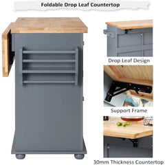 Rolling Kitchen Island ,Thicken Rubberwood Top, Spice Rack,Towel Rack, Drawer,43.3" Portable Mobile Kitchen Island Carts Table