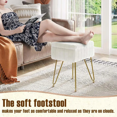 Vanity Stool Chair Faux Fur with Storage,Soft Ottoman 4 Metal Legs with Anti-Slip Feet,Furry Padded Seat,Modern Multifunctional