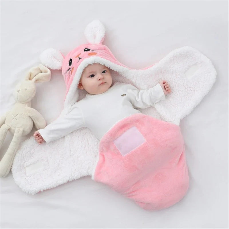 Soft Flannel Winter Warm Baby Swaddle Blanket Thicken Plush Lining Hooded Blanket for 0-6 Months Newborn Envelope Cocoon Blanket