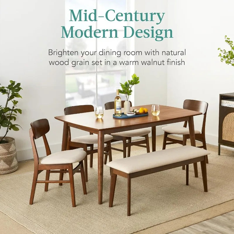 6-Piece Dining Set, Mid-Century Modern Wooden Table & Upholstered Chair Set, w/ 4 Chairs, Bench Seat, Rubberwood Legs