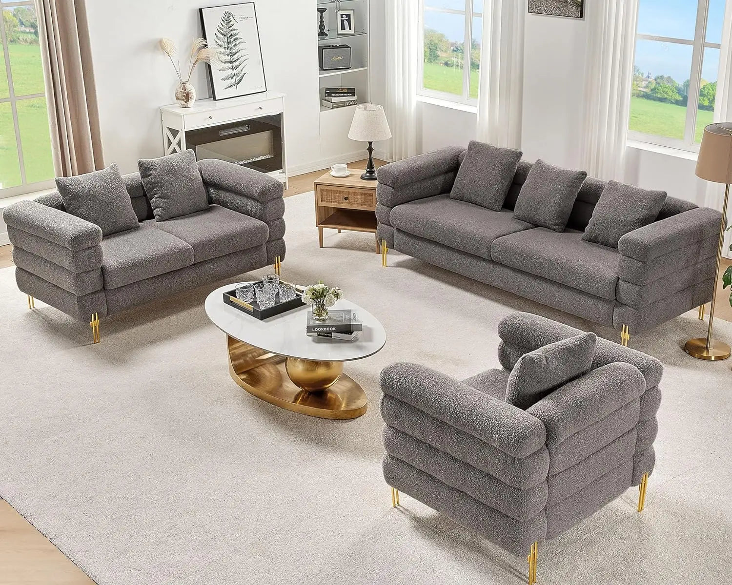 Oversized sofa-85 inch sofa couch, 3 seater comfy bouclé deep seat sofa for living room-Grey