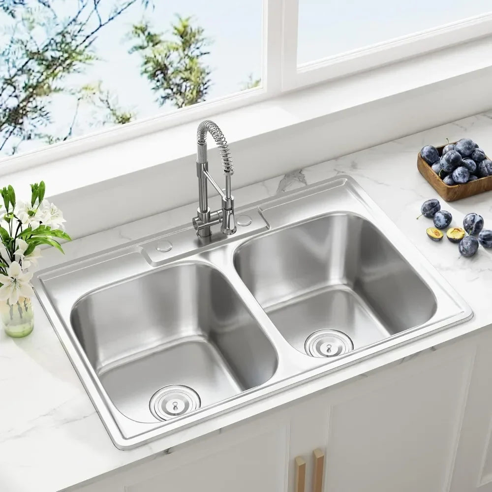 33 Inch Double Bowl Drop in 50/50 Kitchen Sink Top Mounted 18 Gauge 304 Stainless Steel Sink with Strainer,33" X 22" X 9"