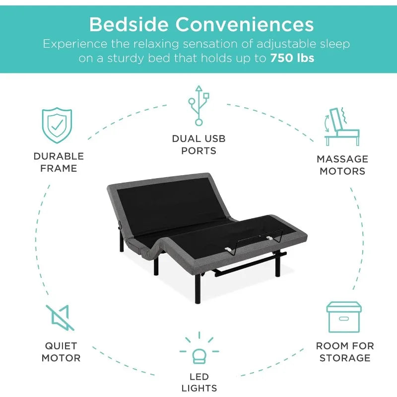 Ergonomic Queen Size Adjustable Bed, Zero Gravity Base for Stress Management w/Wireless Remote Control, Massage, USB Ports