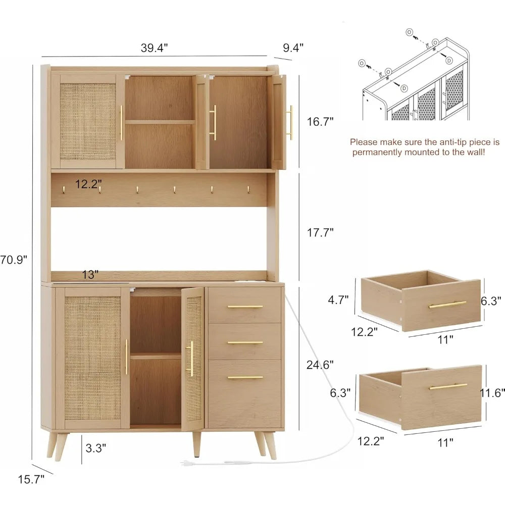 70.9" Kitchen Pantry Cabinet with Microwave Shelf,Rattan Kitchen Hutch Cabinet with Charging Station,Tall Floor Cupboard Cabinet