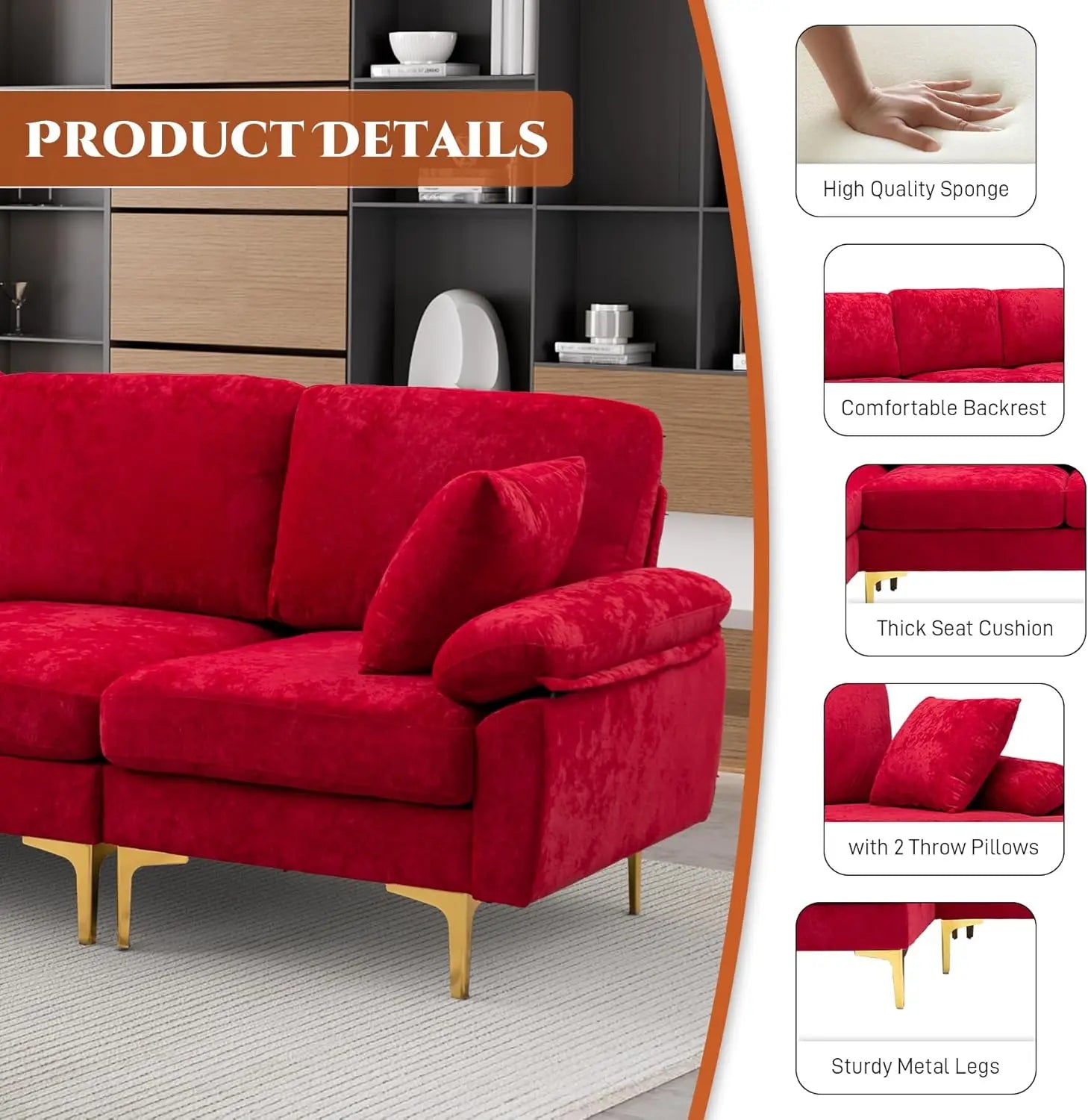 U-Shaped Sectional Sofa Couch, 4 Seat Sofa Set for Living Room, Convertible L-Shaped Velvet Couch Set with Chaise Lounge