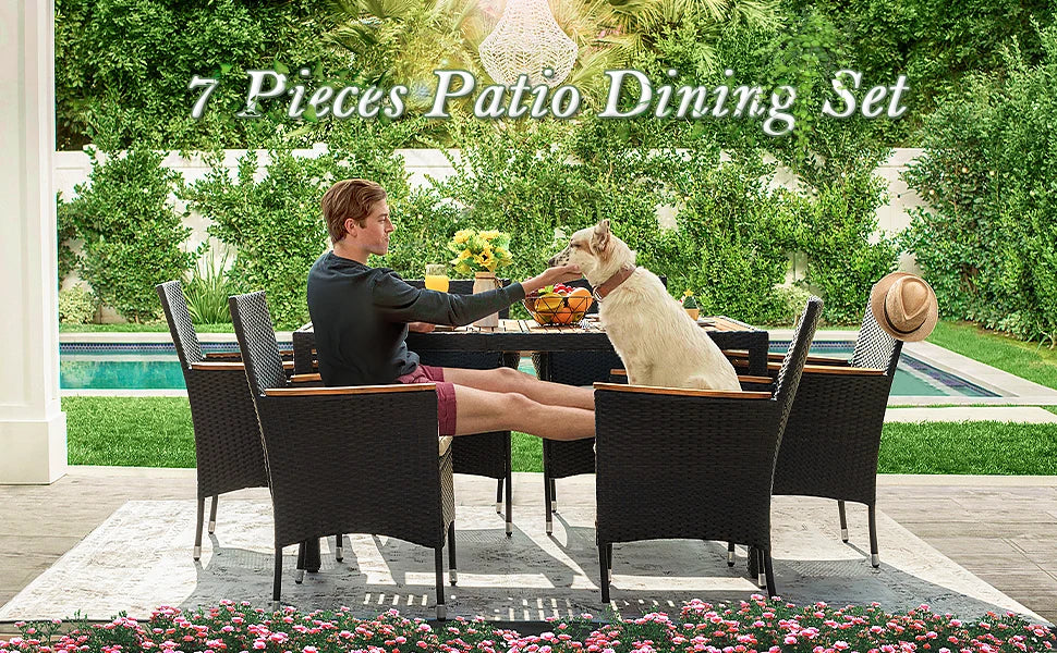 9 Piece Patio Dining Set Outdoor Acacia Wood Table and Chairs with Soft Cushions Wicker Patio Furniture for Deck, Backyard