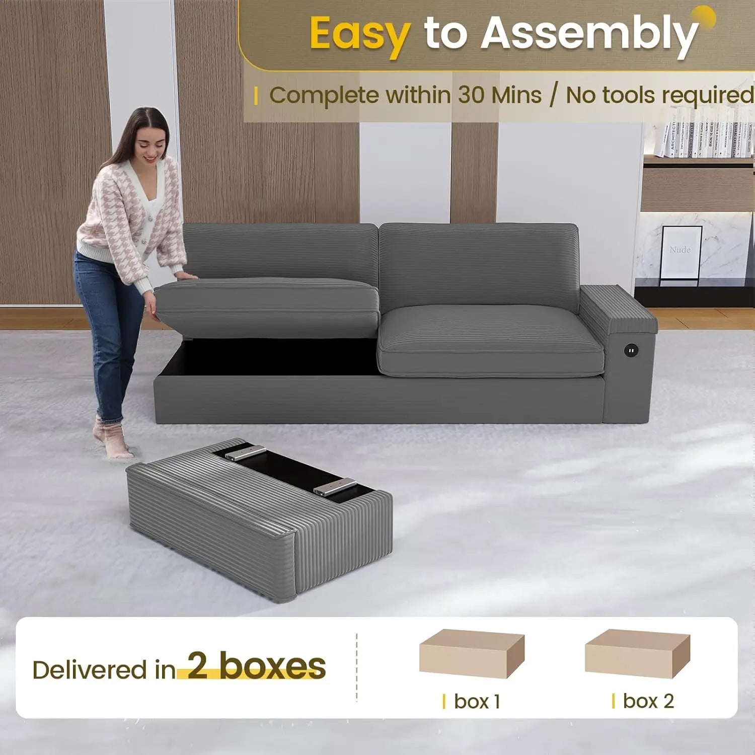 Modern Sofas Couches for Living Room, Comfy Couch with Extra Deep Seats, Oversized Loveseat Sofa with Storage and 2 USB C