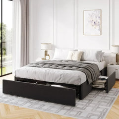 Queen Bed Frame with Storage, 3 Large Drawers on Wheels, Fabric Upholstered Platform Bed, No Box Spring Needed