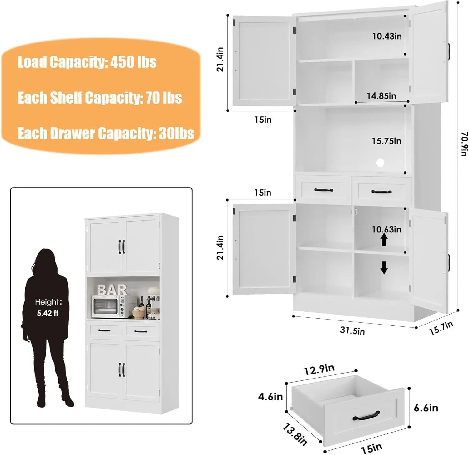 71“ Tall Kitchen Pantry Storage Cabinet, Modern Kitchen Hutch Bar Cabinet with Microwave Stand, Wood Buffet Sideboard with Hutch