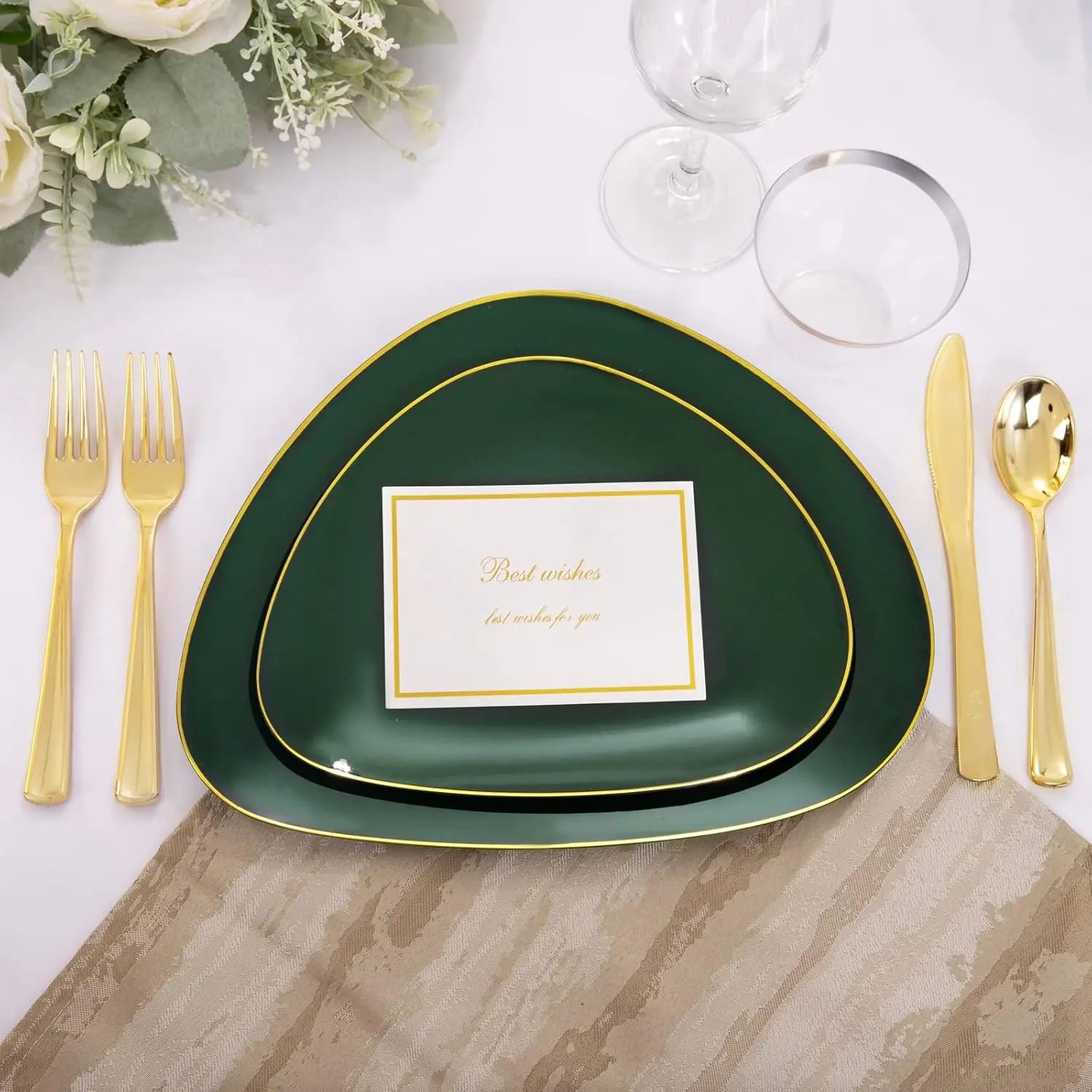 180Pcs Green Plastic Plates, Green Gold Disposable Plates with Gold Tableware Gold Dinnerware Set