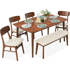 6-Piece Dining Set, Mid-Century Modern Wooden Table & Upholstered Chair Set, w/ 4 Chairs, Bench Seat, Rubberwood Legs