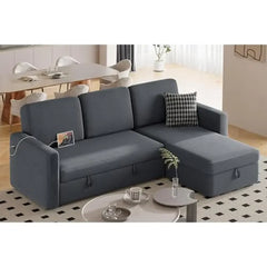 L-Shaped Sectional Sofa Bed w/Chaise & USB Reversible Storage Sleeper Convertible Trundle Hidden Compartment Fabric Couch