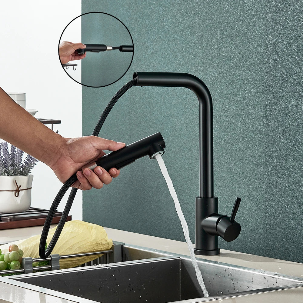 Matte Black Pull Out Kitchen Sink Faucet Two Model Stream Sprayer Nozzle Stainless Steel Hot Cold Wate Mixer Tap Deck