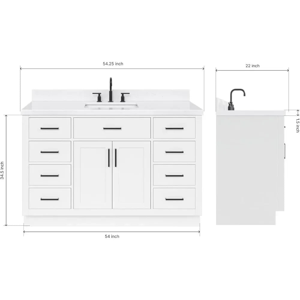 54" Bathroom Vanity with Carrara Quartz Countertop, Single Rectangular Sink, Soft Closing Doors & Drawers