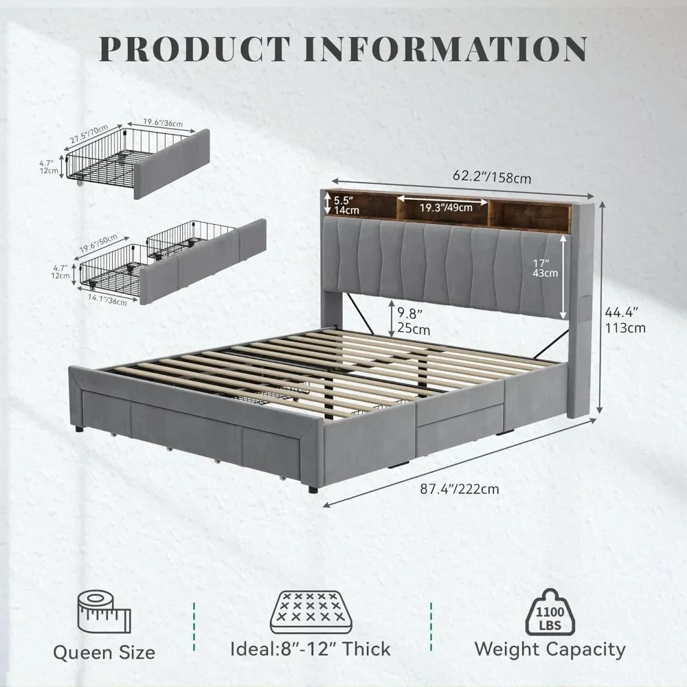 Queen Bed Frame with 4 Drawers & LED，Platform Bed with Storage Headboard and Charging Station, No Box Spring Needed, Bed Frame