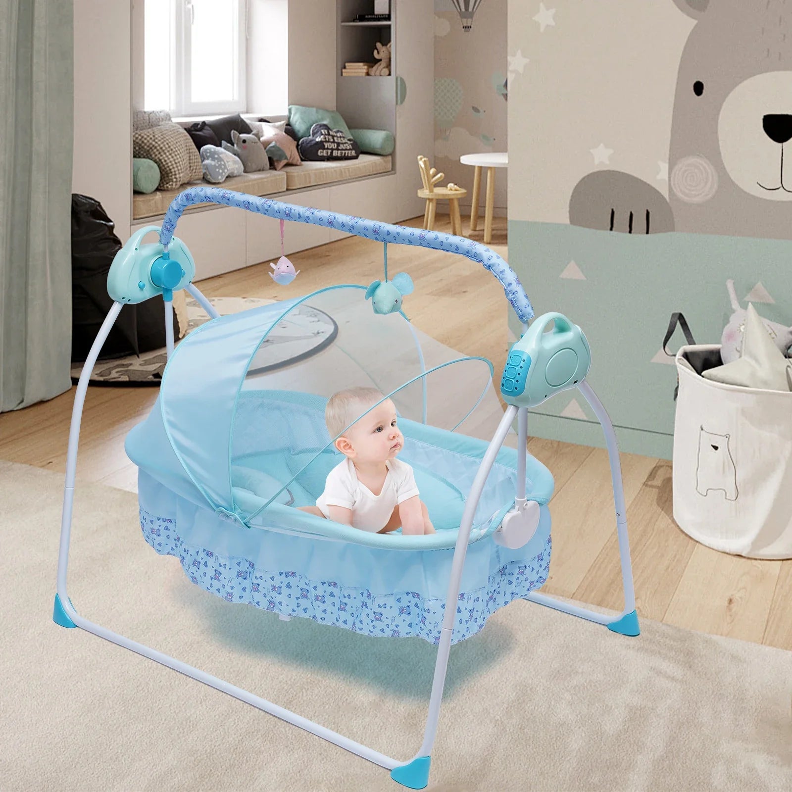 5 Gears Electric Auto-Swing Baby Crib Cradle Sleep Bed Infant Rocker+Net Music Bluetooth Music Adjustable+ Mat