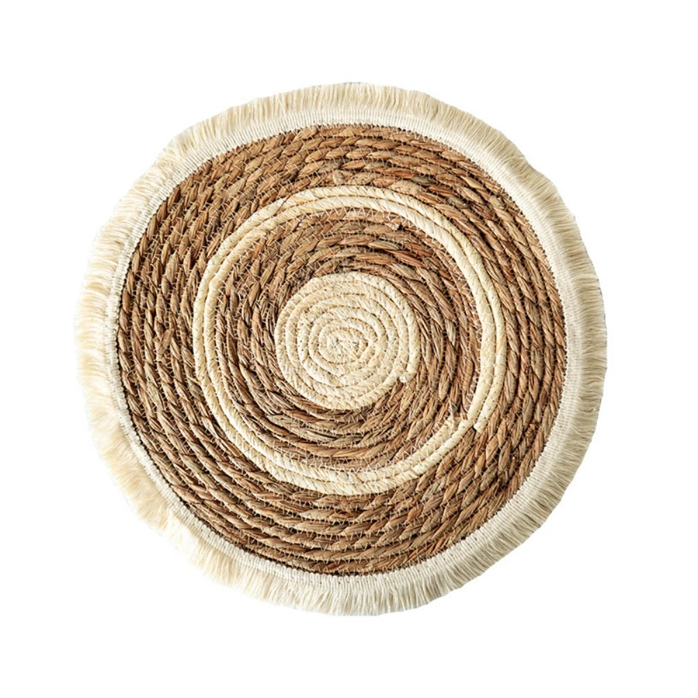 25/38cm Round Placemats Natural Wicker Woven Tassels Placemat Plate Water Straw Braided Tablemats Rattan Weave Dining Table Mat