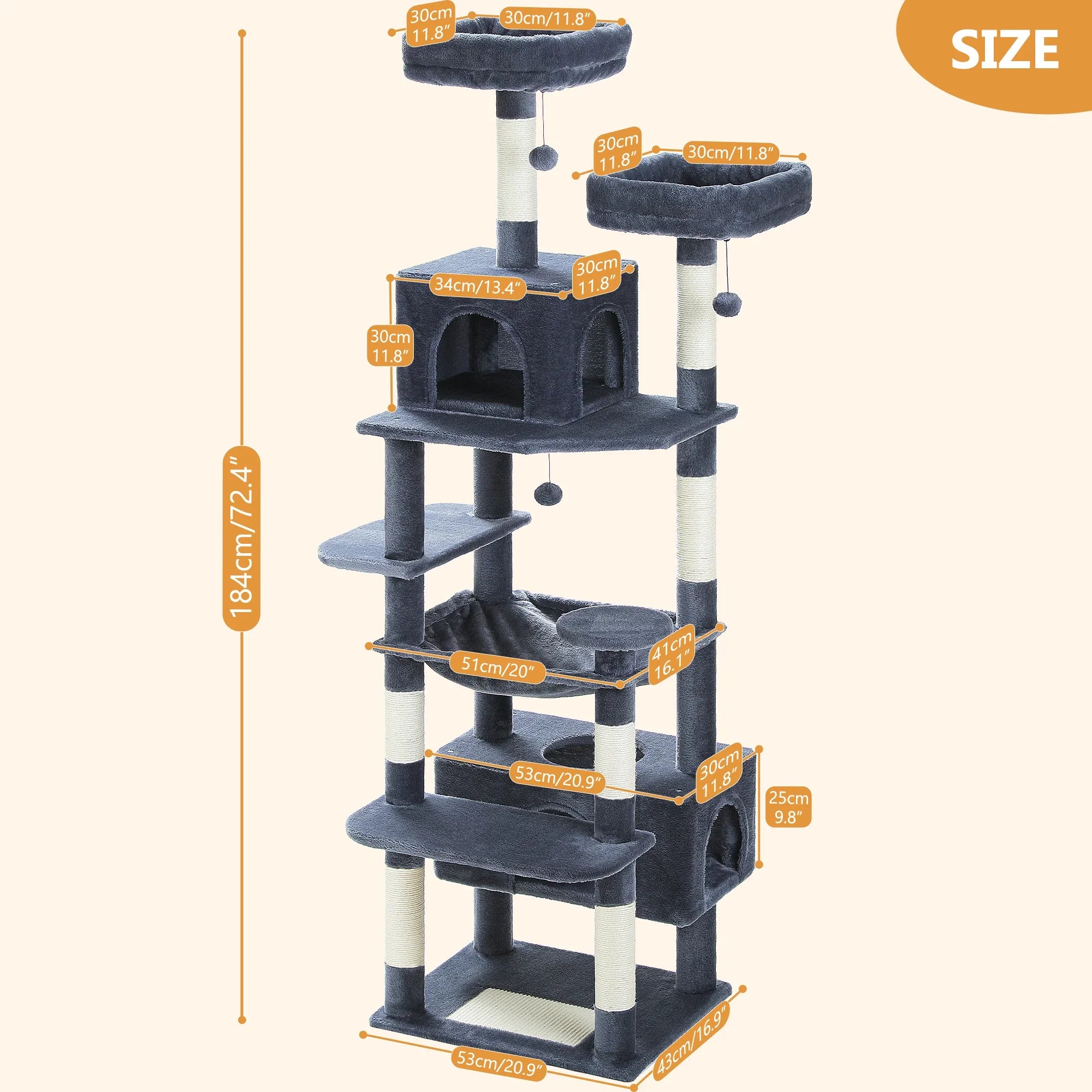 Large Cat Tree Tower for Indoor Cats With Sisal-Covered Scratching Posts Spacious Hammock Padded Perches and Condos Dark Grey