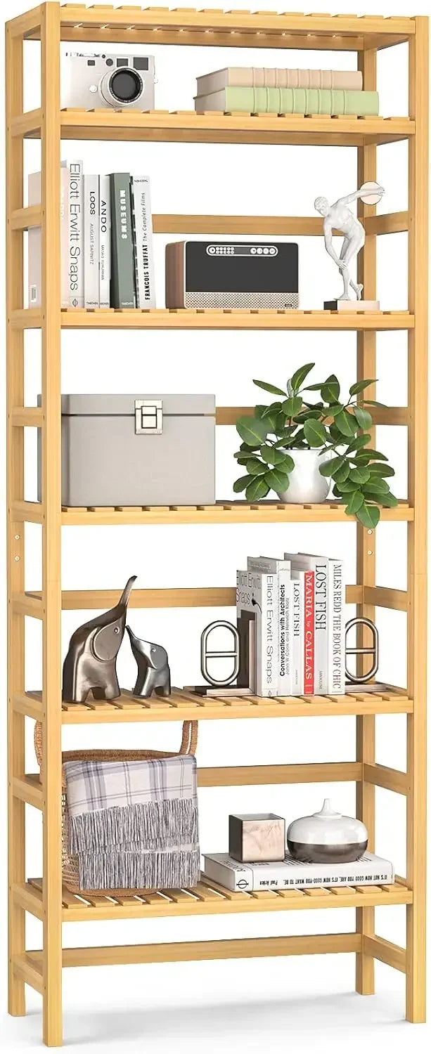 Homykic Bookshelf, 6-Tier Bamboo Adjustable 63.4” Tall Bookcase Book Shelf Organizer, Free Standing Storage Shelving Unit