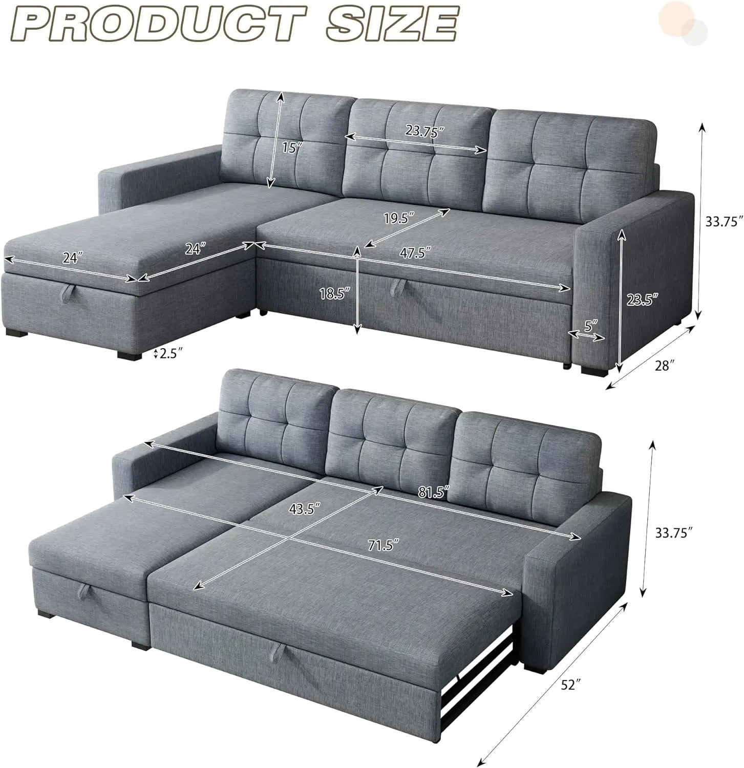 81.5"" L-Shape Pull Out Couch With Reversible Storage Chaise,Sleeper Sectional Sofa With Pullout Bed And 3 Removable Back