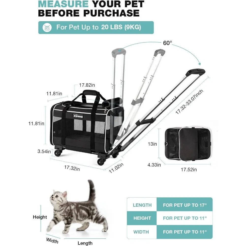 Cat Dog Carrier with Wheels Airline Approved Rolling Pet Carrier with Telescopic Handle, Black, Shoulder Strap and Pet Carrier