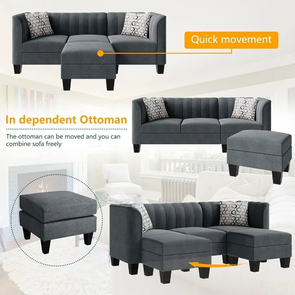 Upgraded Convertible Sectional Sofa Couch, 3 Seat L Shaped Sofa with High Armrest Linen Fabric Small Couch Mid Century