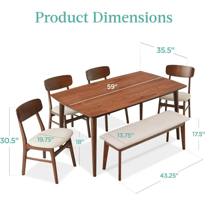 6-Piece Dining Set, Mid-Century Modern Wooden Table & Upholstered Chair Set, w/ 4 Chairs, Bench Seat, Rubberwood Legs