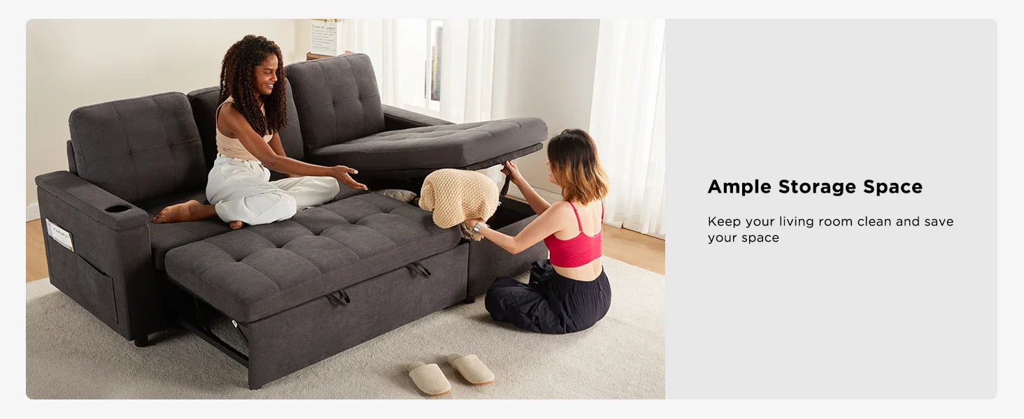 Sofa Bed, Sleeper Sofa with USB Charging Ports, L-Shaped Couch with Storage, Pull Out Couch for Living Room, Grey Linen