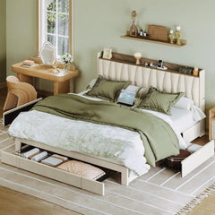 Bed Frame with Storage Headboard and Charging Station, Upholstered Platform Bed with  Drawers, No Box Spring