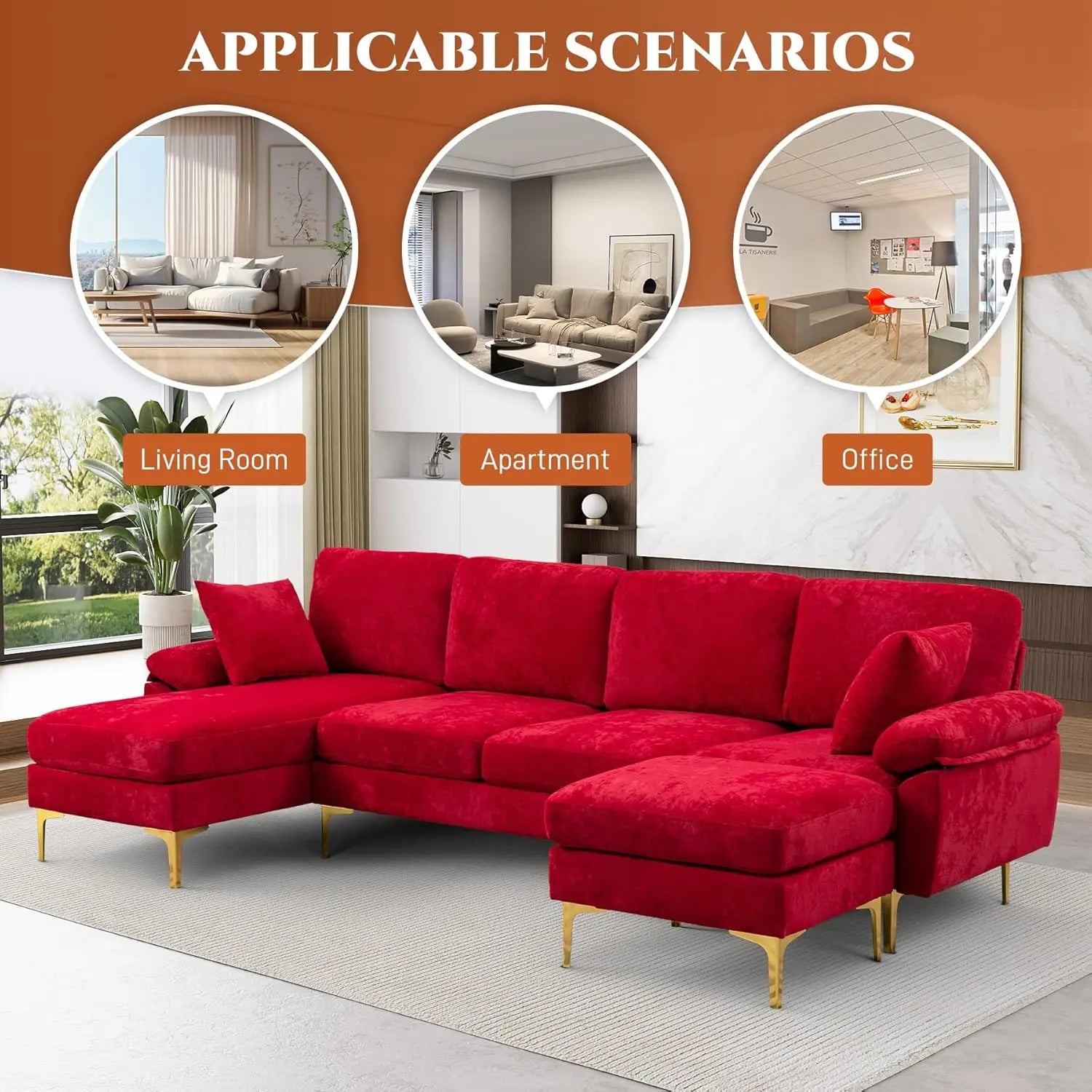 U-Shaped Sectional Sofa Couch, 4 Seat Sofa Set for Living Room, Convertible L-Shaped Velvet Couch Set with Chaise Lounge