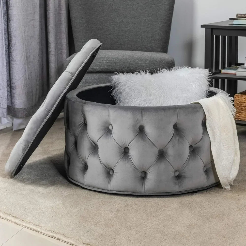 28 Inch Round Velvet Storage Ottoman Foot Stool Tufted Footrest Stool Coffee Table for Living Room (Grey) Freight Free