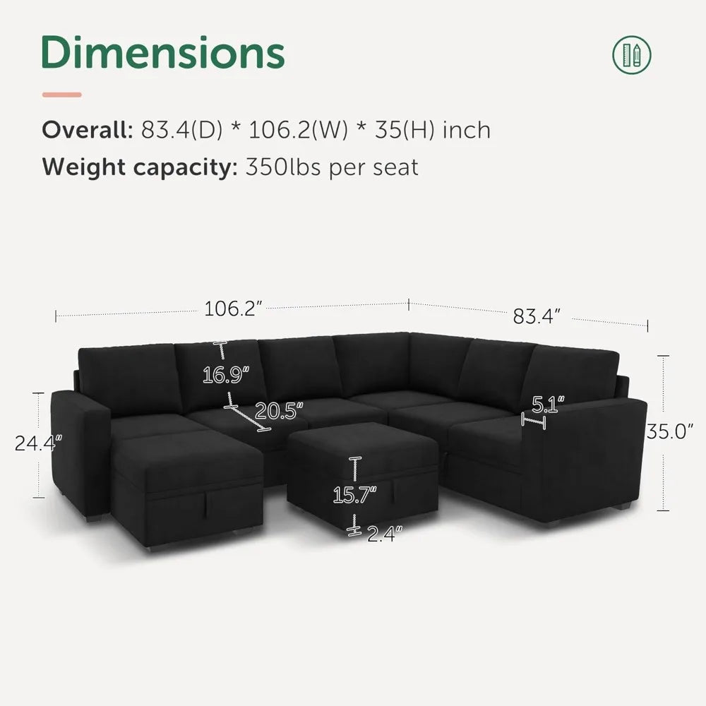 Modular Sectional Couch with Storage, Velvet U-Shaped Sectional Sofa with Storage Ottoman Convertible U-Shaped living room sofas