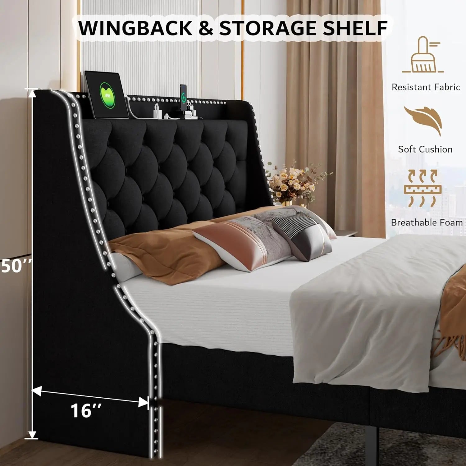 Queen Bed Frame with 16" Deluxe Wingback & Charging Station,Upholstered Platform Bed with Button Tufted Storage Headboard, Black