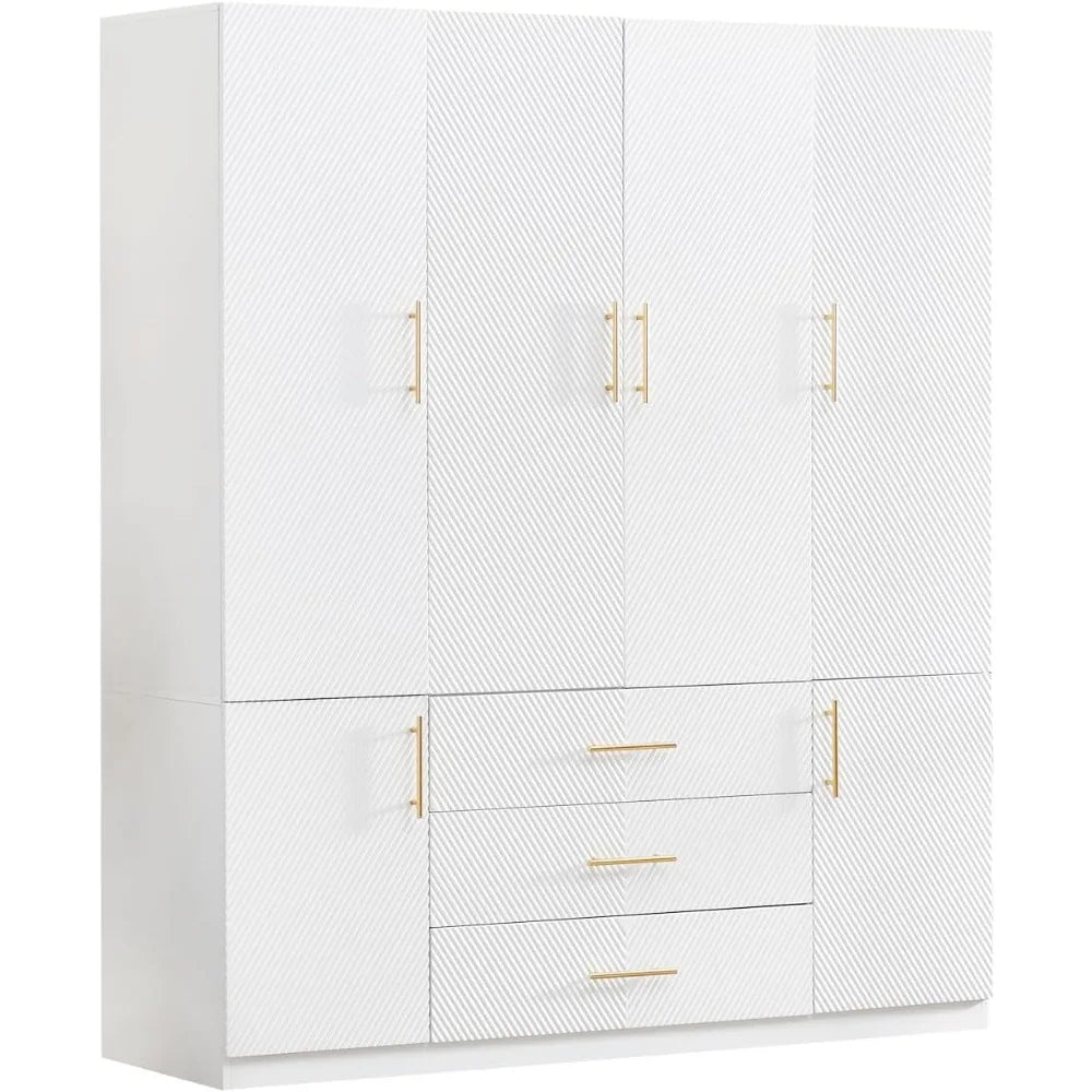 74.2" Tall 4 Doors 3 Drawers White Closet Wardrobe Large Bedroom Freestanding Storage Closet Cabinet Bathroom Clothes Storage