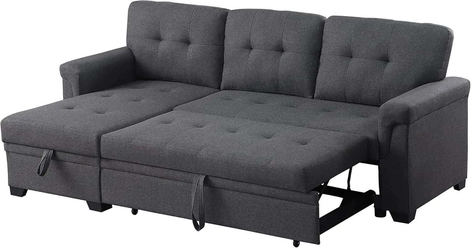 Lucca 84" W Dark Gray Linen Reversible Sleeper Sectional Sofa with Storage Chaise