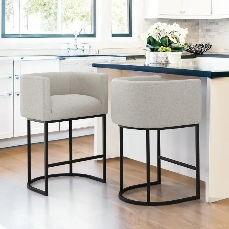 27" H Counter Height Bar Stools Set of 2, Modern Barrel Counter Stools with Backrest and Arms, Black Metal Frames