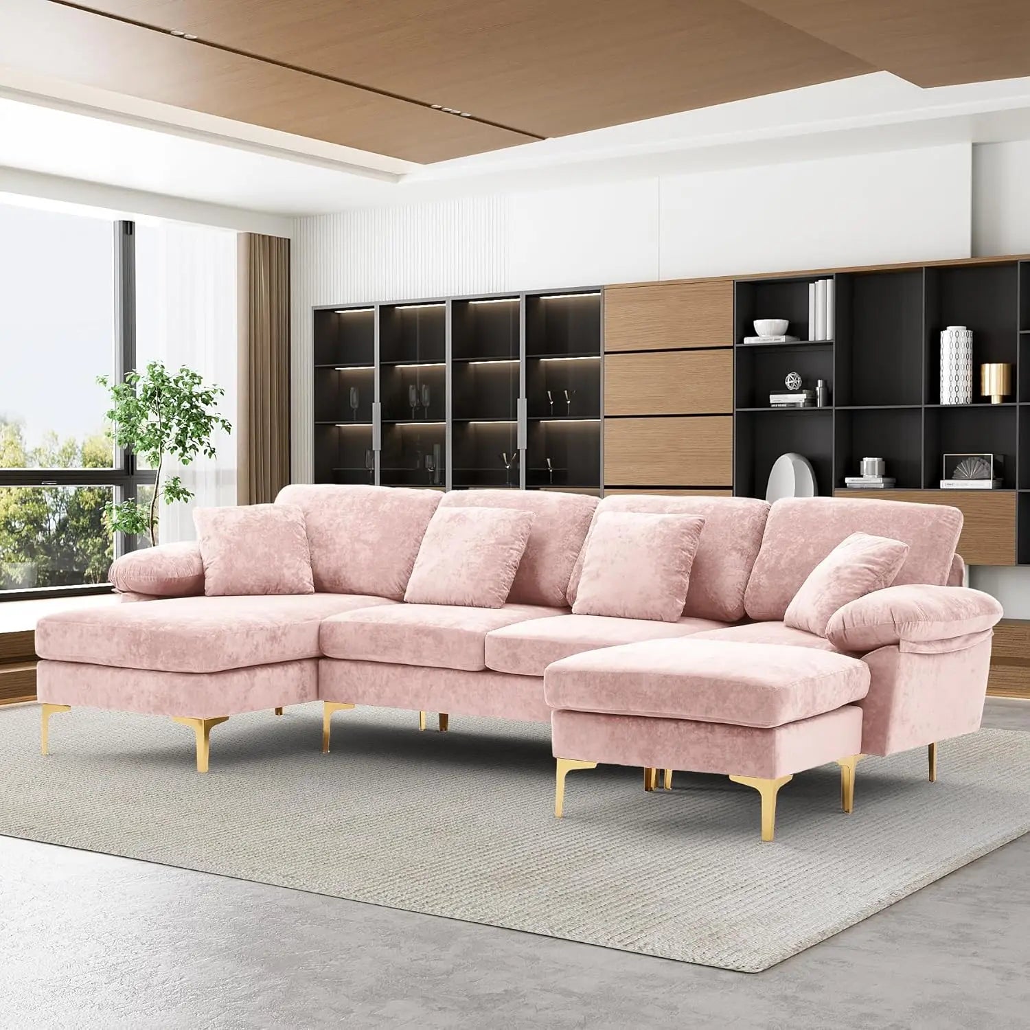 U-Shaped Sectional Sofa Couch, 4 Seat Sofa Set for Living Room, Convertible L-Shaped Velvet Couch Set with Chaise Lounge