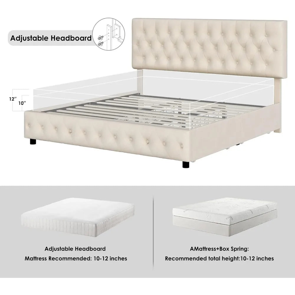 King Size Bed Frame with 4 Storage Drawers, Button Tufted Headboard Design, Soft Velvet, Modern Upholstered Bed Frame