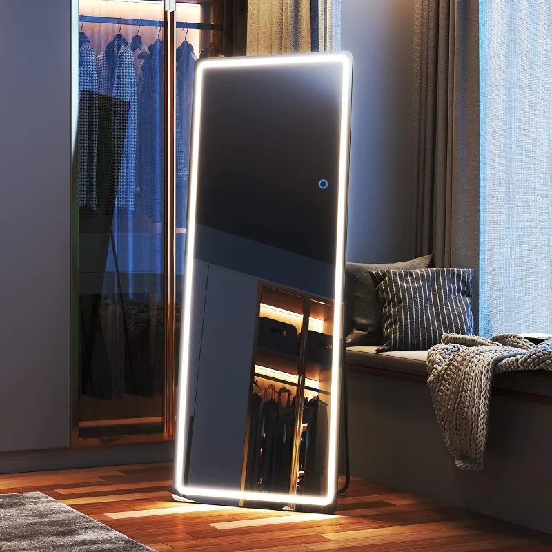 Full Length Mirror, 65"x22" Standing Full Body Mirror with Lights, Floor Lighted Mirror, Stand Up Mirror, Wall Mounted