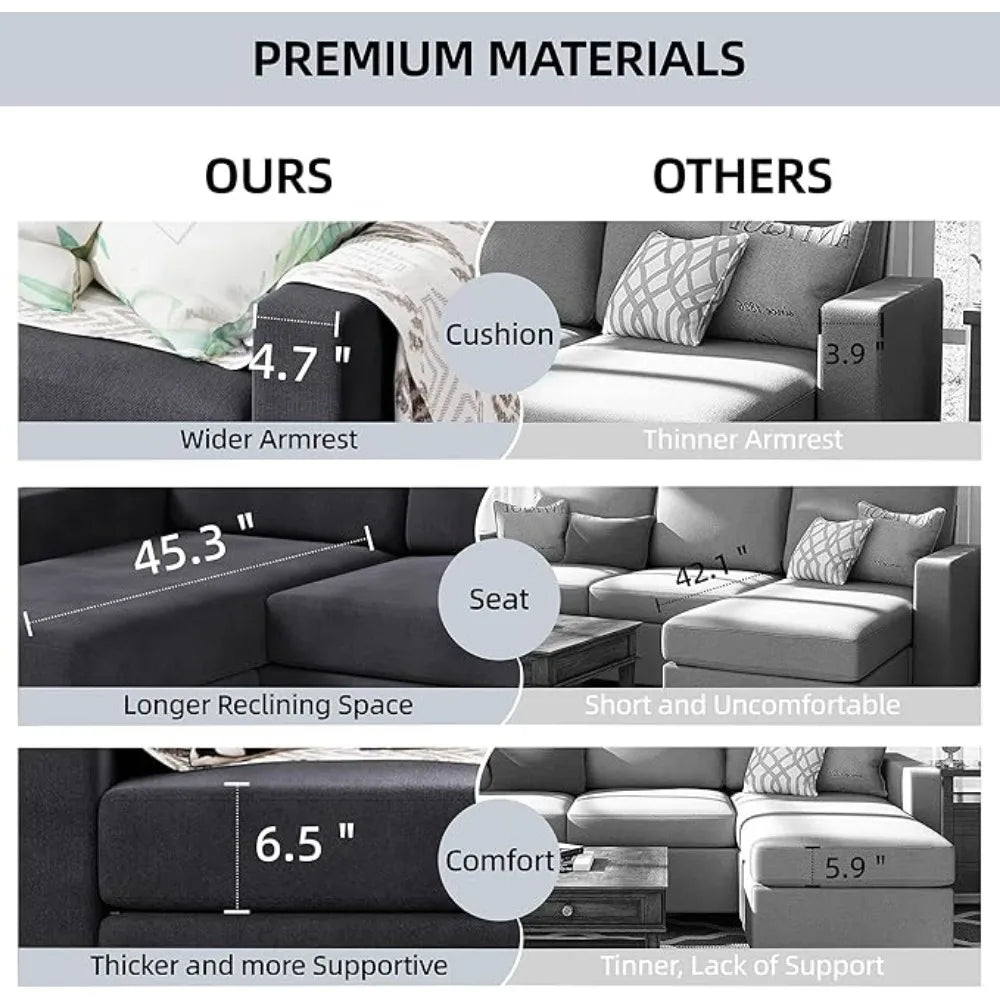 Faux Leather/Linen Fabric Sectional Sofa Couch, Modern L-Shaped Modular Couch Upholstered 3/6 Seaters Living Room Sofa Couch