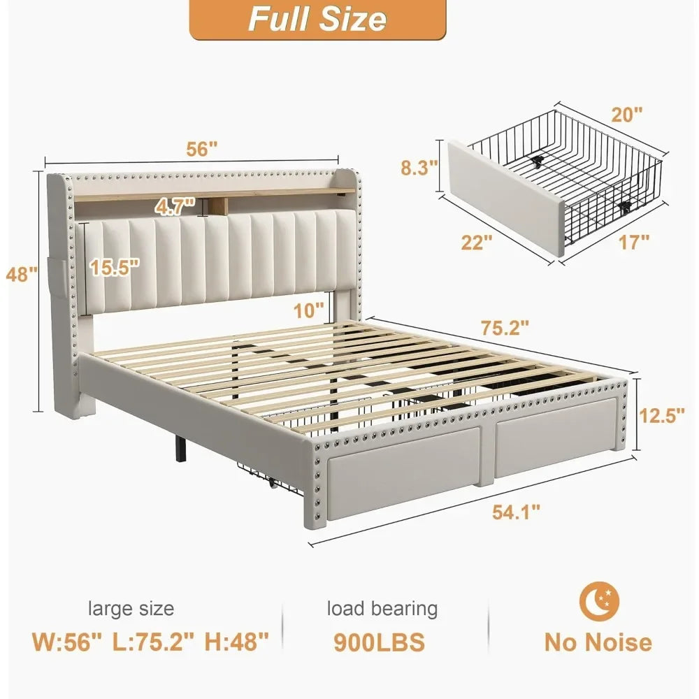 King Size Bed Frame with Storage and Headboard,Upholstered King Bed Frame with Storage & 2 Drawers,NO Noise,No Box Spring Needed