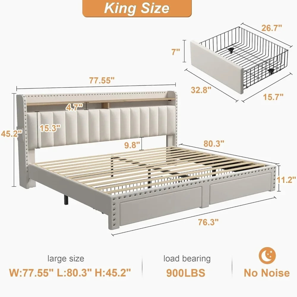 King Size Bed Frame with Storage and Headboard,Upholstered King Bed Frame with Storage & 2 Drawers,NO Noise,No Box Spring Needed