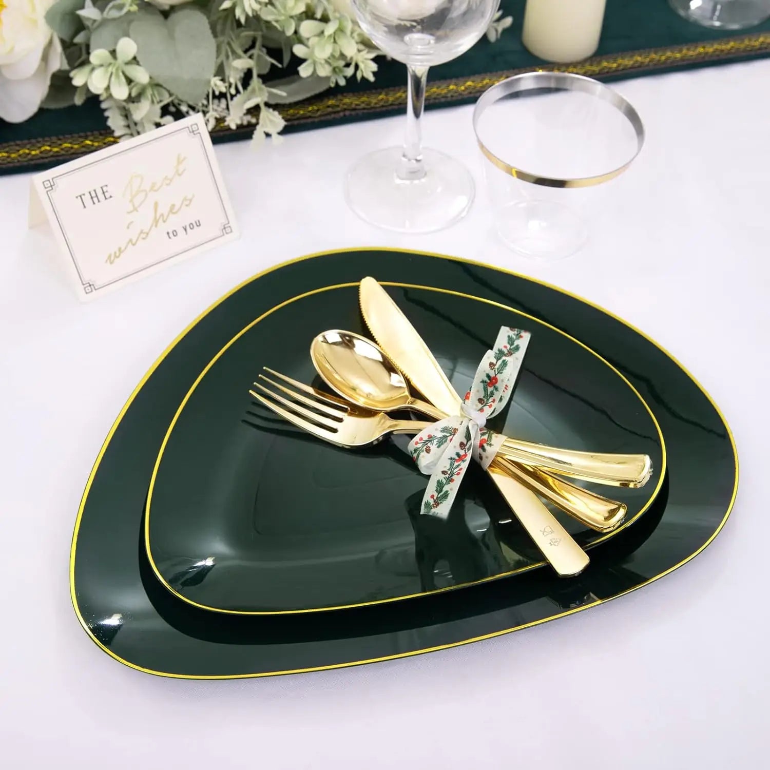 180Pcs Green Plastic Plates, Green Gold Disposable Plates with Gold Tableware Gold Dinnerware Set