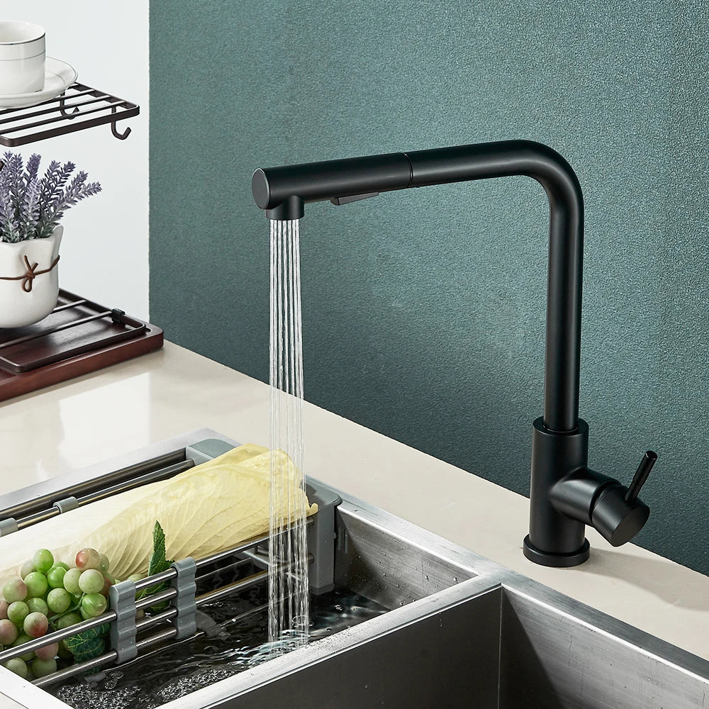 Matte Black Pull Out Kitchen Sink Faucet Two Model Stream Sprayer Nozzle Stainless Steel Hot Cold Wate Mixer Tap Deck