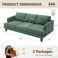 3 Seater Sofa Couch with Deep Seats, 89" Mid Century Modern Upholstered Sofa with Armrests, Comfy Couches for Living Room