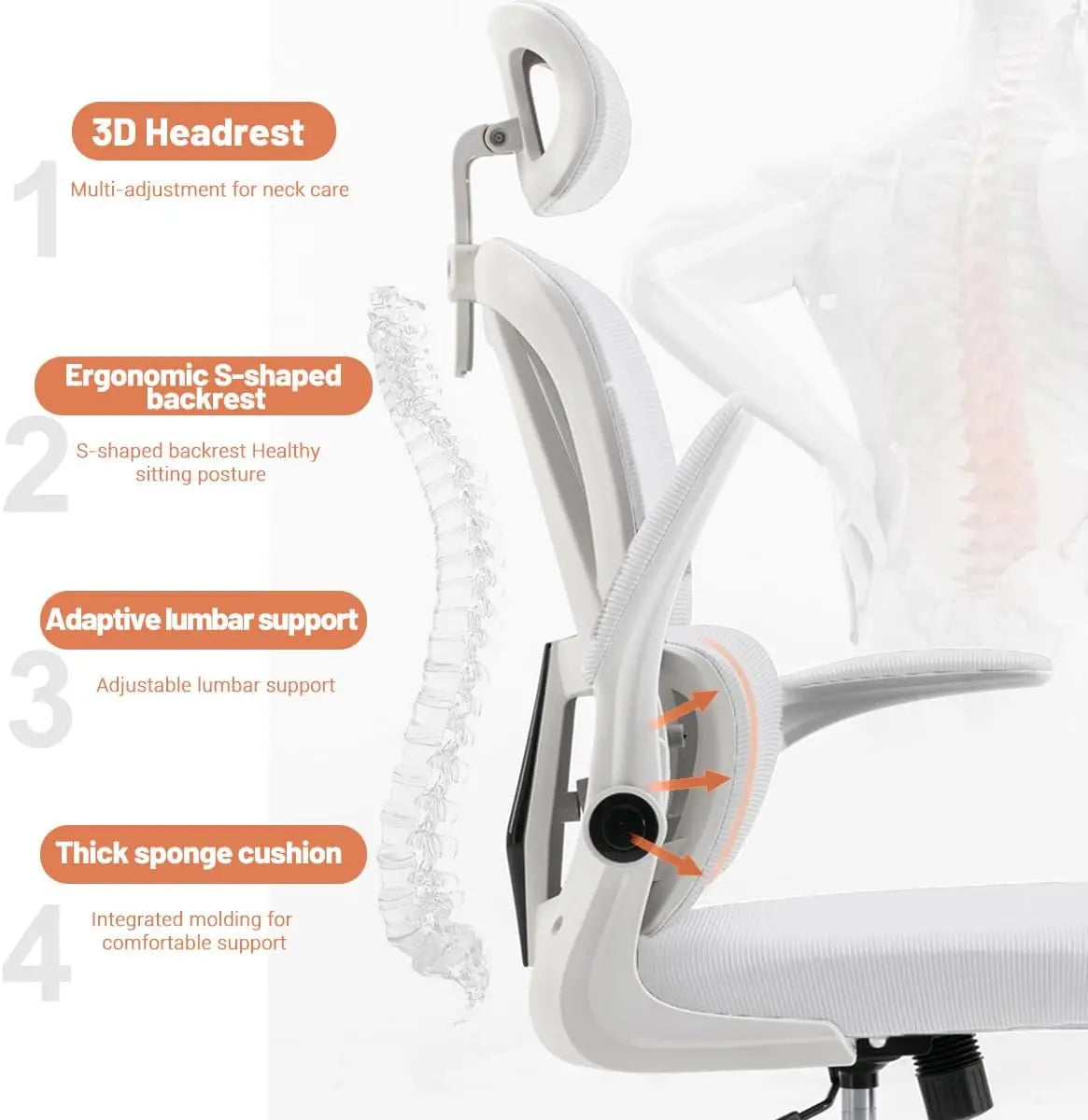 Office Chair Comfort Home Desk Adjustable High Back Mesh Lumbar Support Computer with Flip-up Arms for Work,White