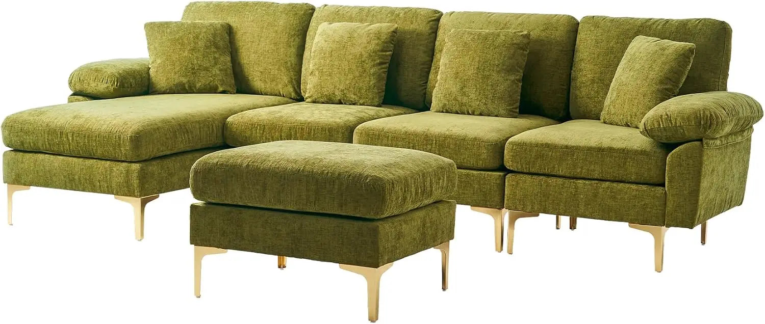 U-Shaped Sectional Sofa Couch, 4 Seat Sofa Set for Living Room, Convertible L-Shaped Velvet Couch Set with Chaise Lounge